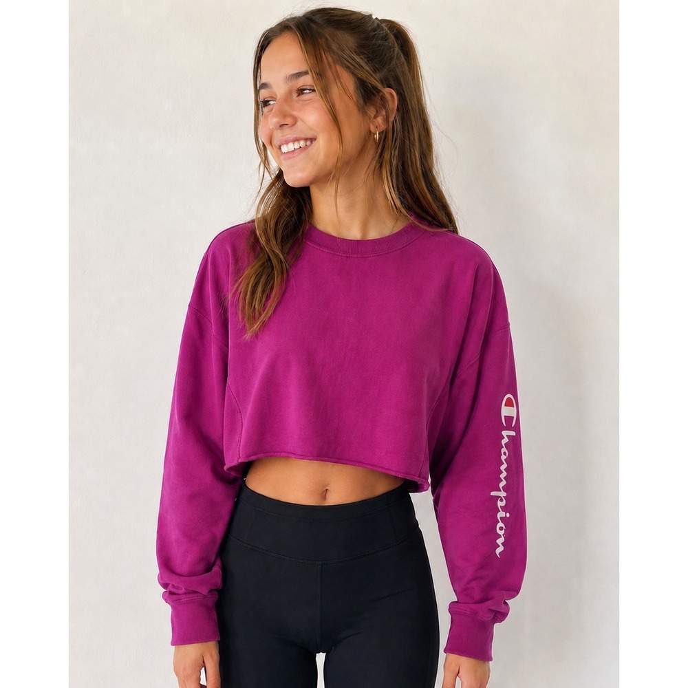 Champion Girls Large Hot Pink Cropped Sweatshirt Long Sleeve‎ Logo Athleisure L